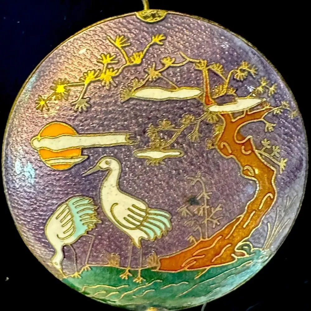 Vintage Freirich Cloisonné Purple Crane Sakura Tree DBL sided Pendant Necklace